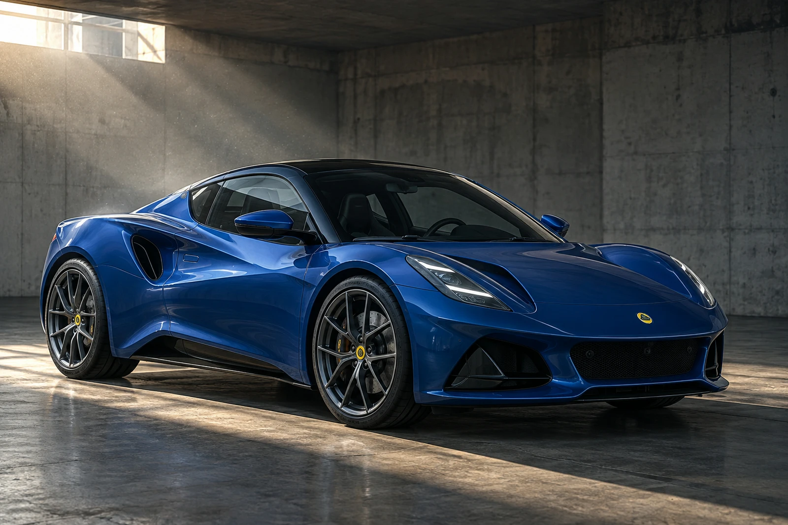 АВТО 1008568 Лотус Emira V6 синий Гараж бетон и дневной луч