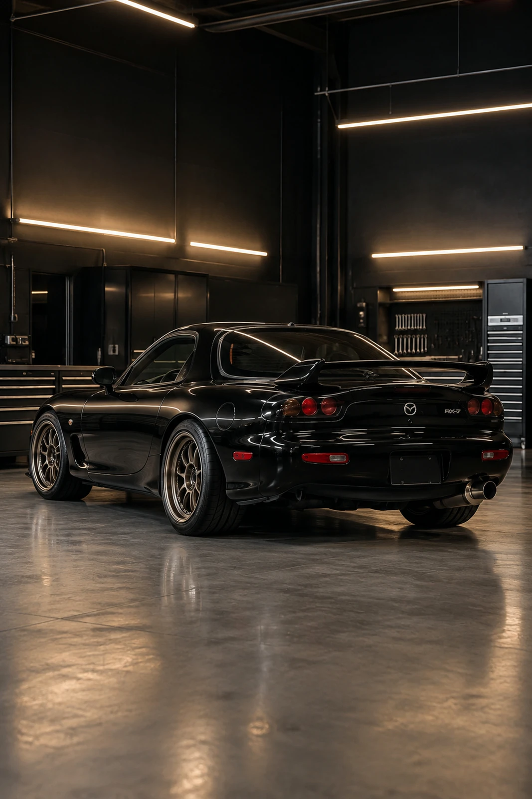 АВТО 1007501 чёрная Mazda RX 7 в современном тюнинг гараже
