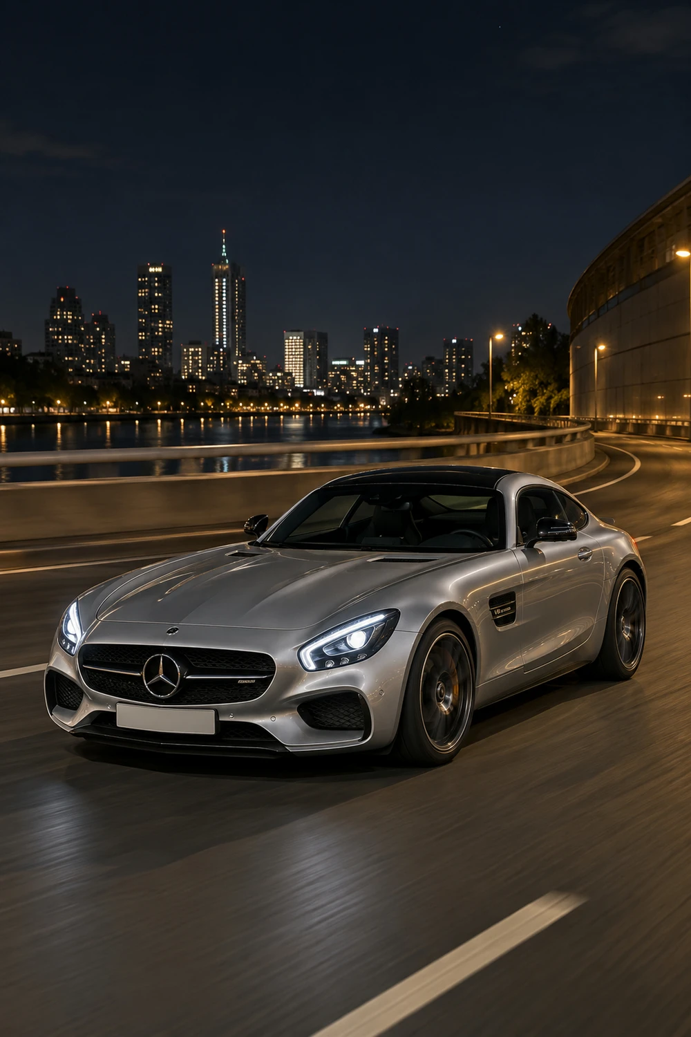 АВТО 1007231 Mercedes AMG GT S C190 серебристый ночной проезд