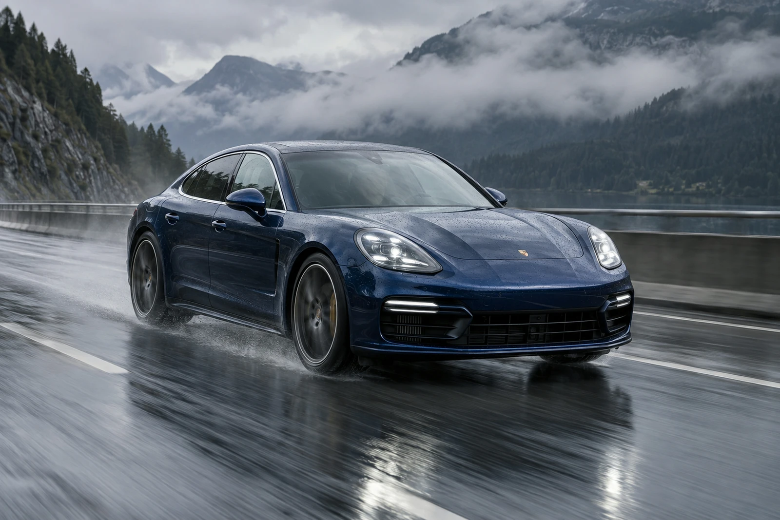 АВТО 1007550 синий Porsche Panamera на дождливой магистрали