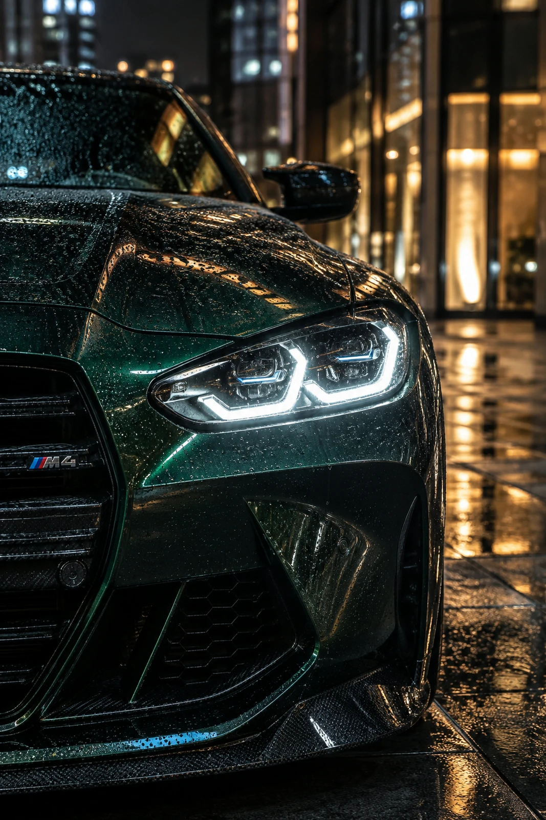 АВТО 1007515 мокрая фара BMW M4 крупным планом