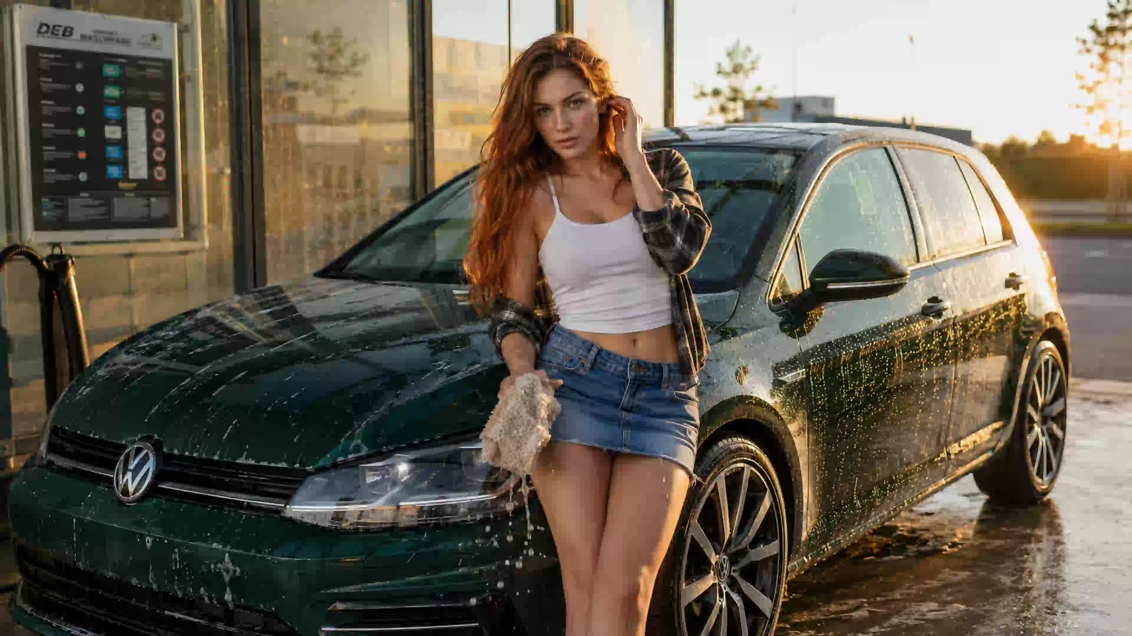 ДЕВ 00509 девушка у мокрого volkswagen на мойке