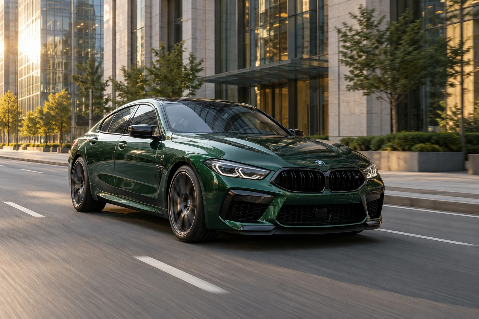 АВТО 1007638 зелёный BMW M8 Gran Coupe на городском проспекте