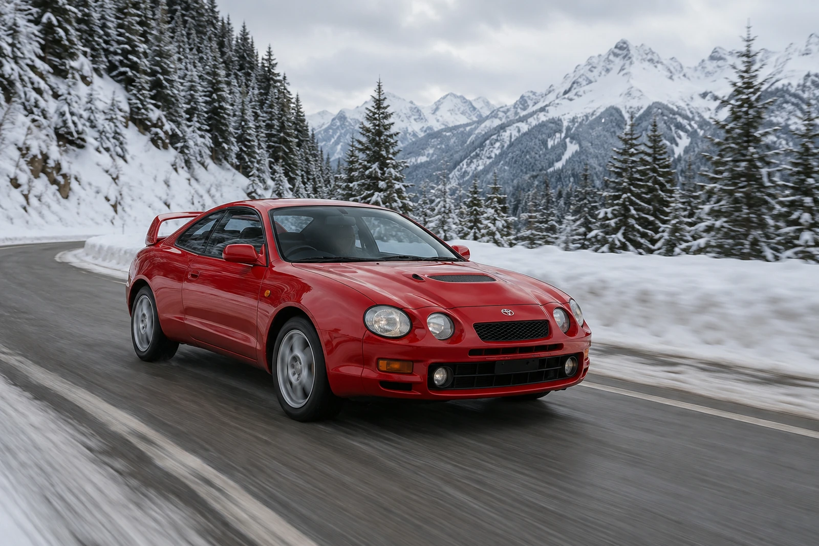 АВТО 1007618 красная Toyota Celica GT-Four на снежной дороге