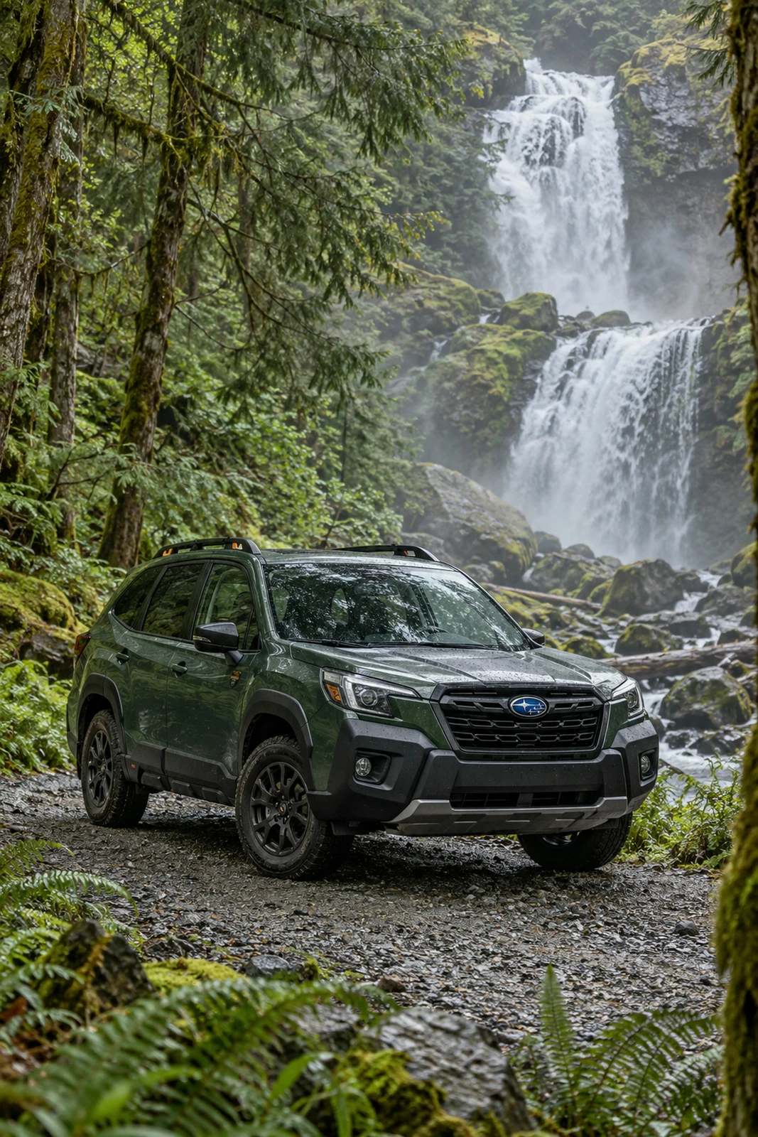 АВТО 1007579 зелёный Subaru Forester Wilderness у водопада