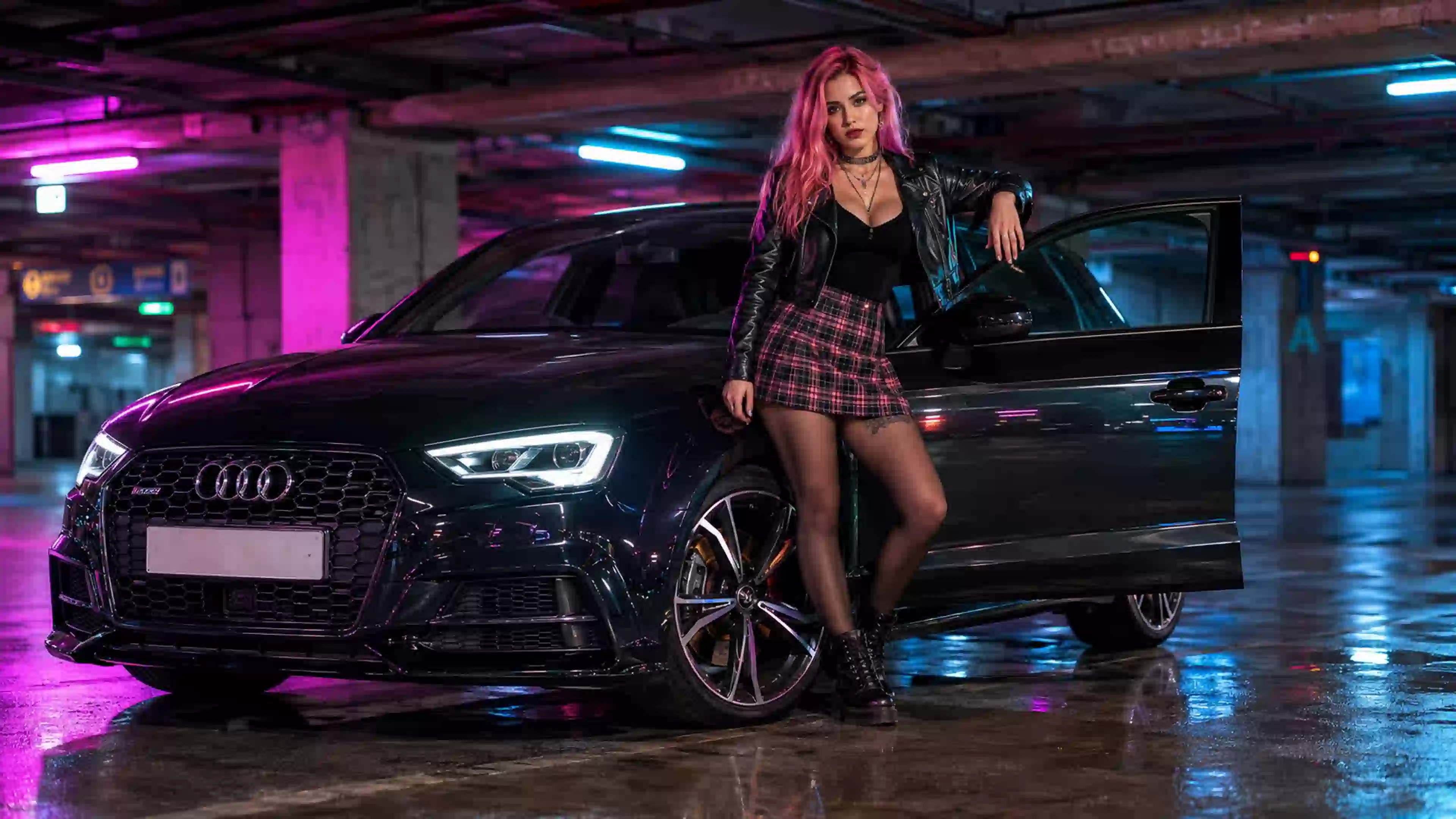ДЕВ 00230 девушка неоновый audi в подземном гараже