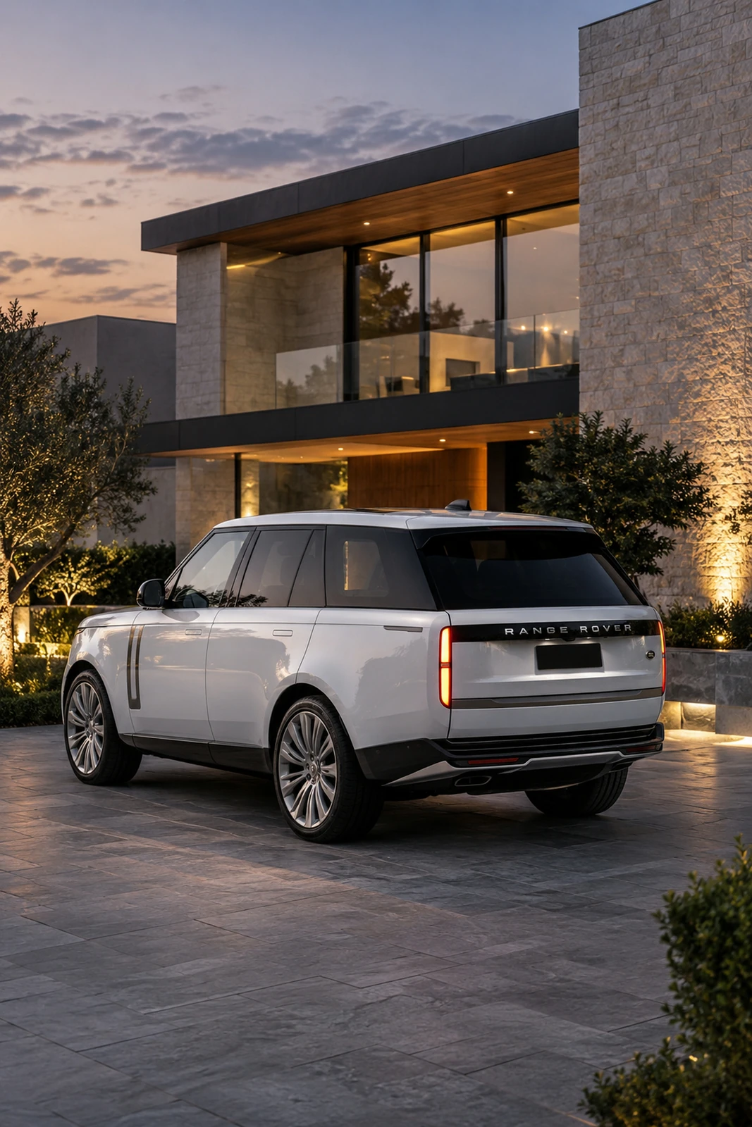 АВТО 1007491 белый Range Rover у современной виллы