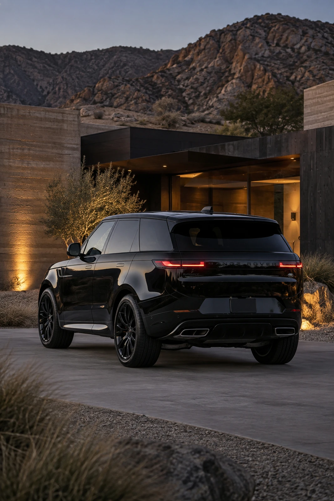 АВТО 1007585 чёрный Range Rover Sport у виллы в пустыне