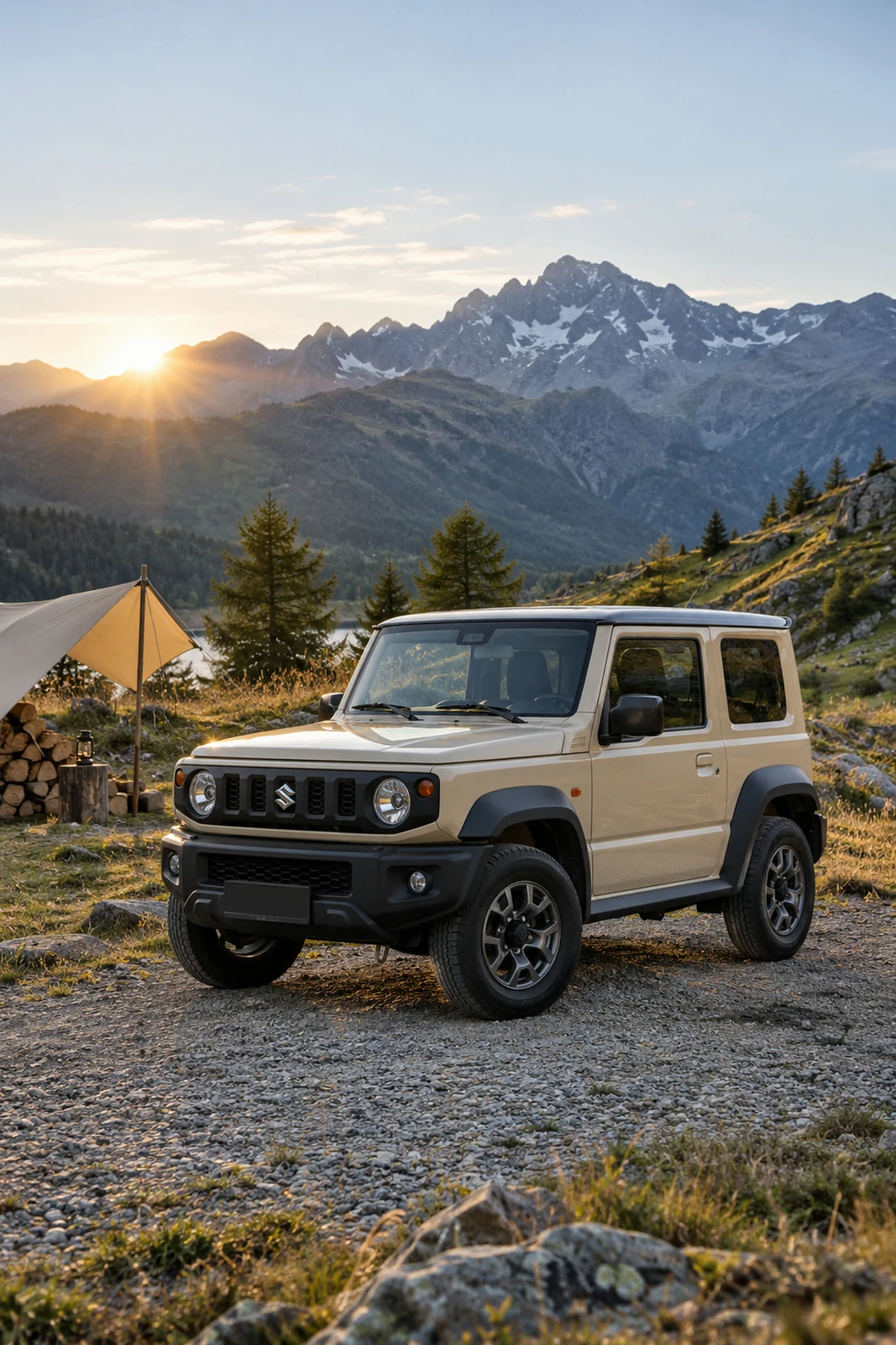 АВТО 1007639 бежевый Suzuki Jimny в горном кемпинге