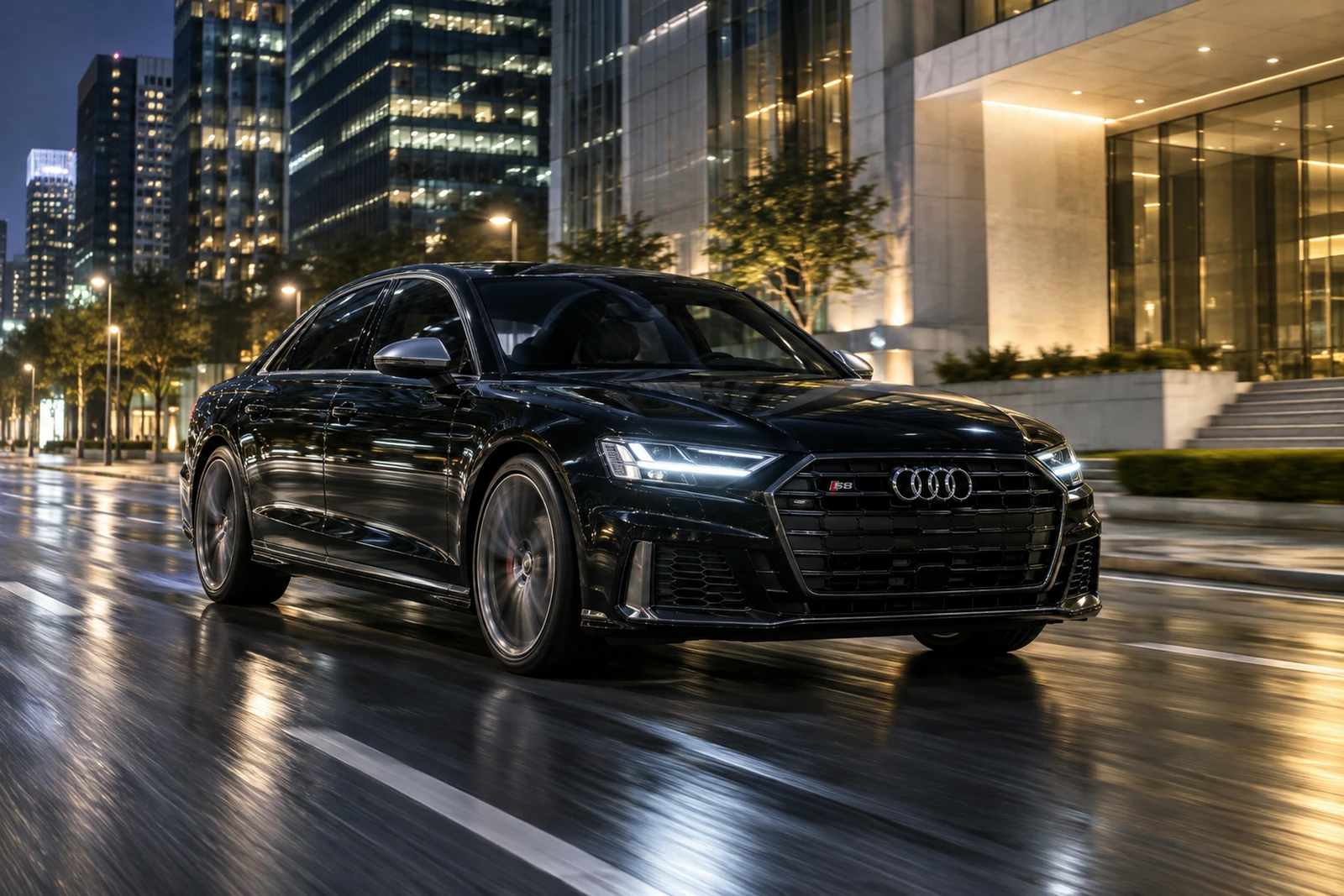 АВТО 1007546 чёрный Audi S8 на ночном бульваре