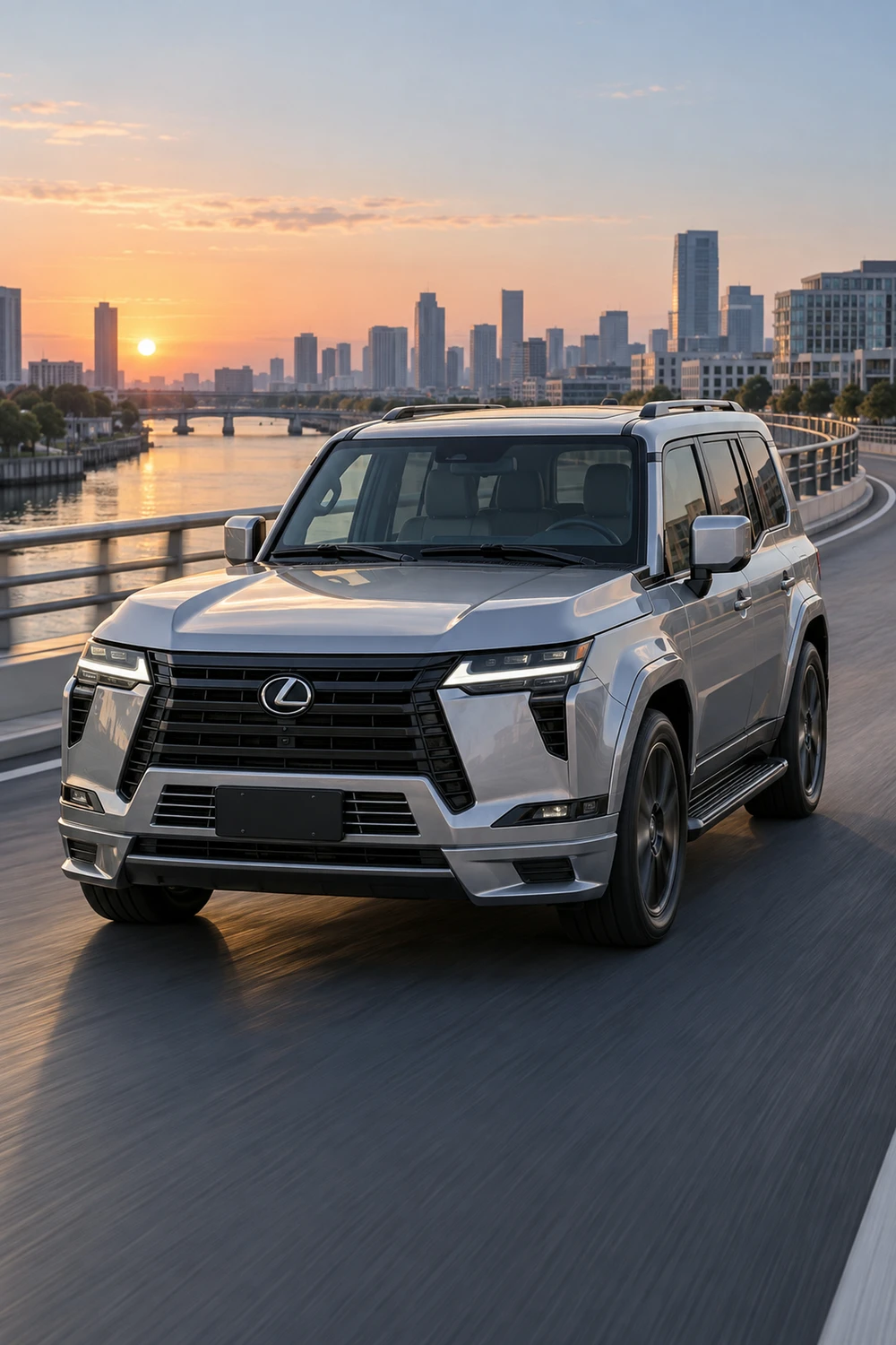 АВТО 1006861 Lexus GX550 серебристый поворот на мосту