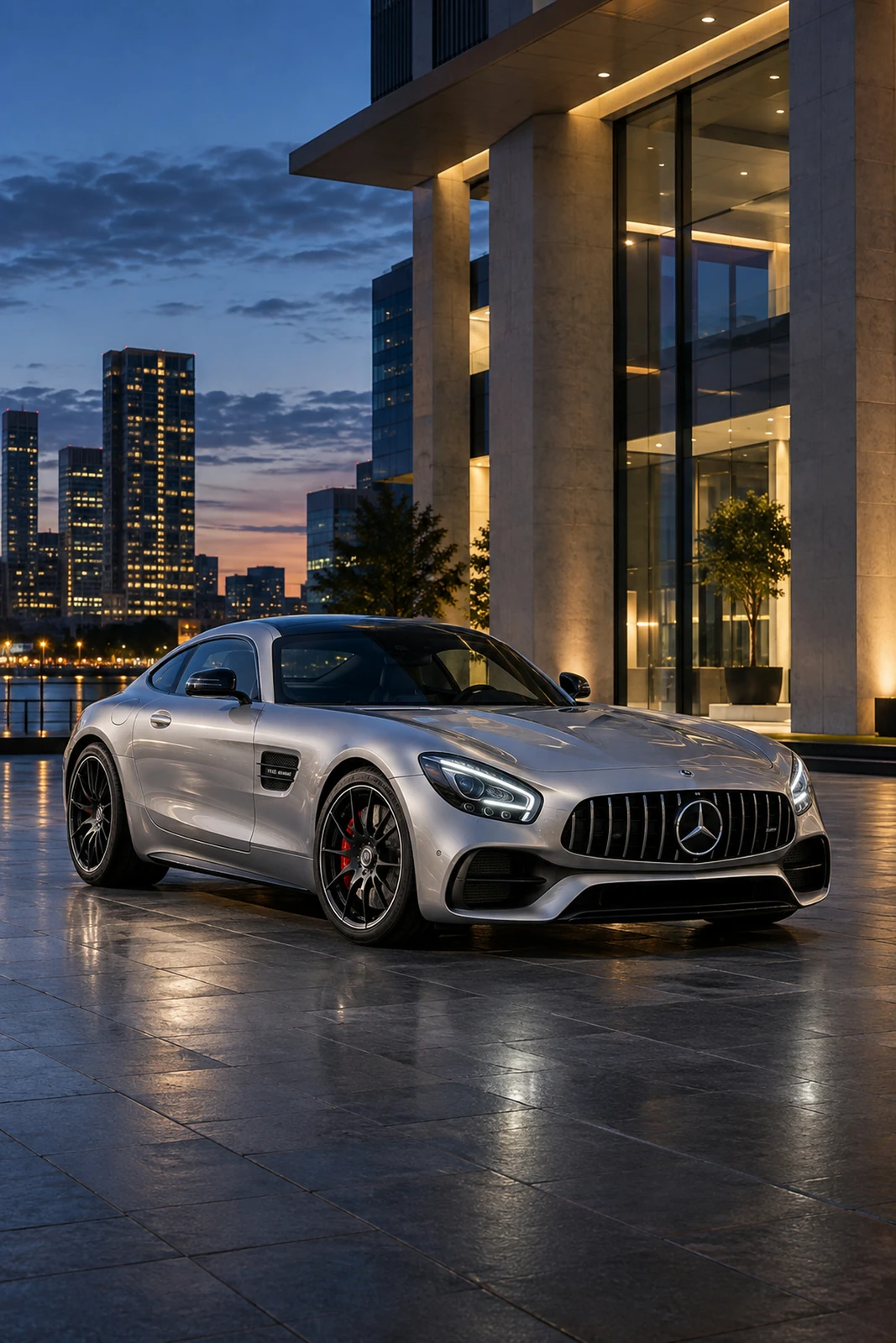 АВТО 1007483 серебристый Mercedes AMG GT у стеклянной архитектуры