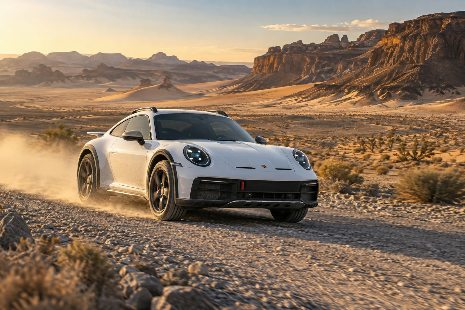 АВТО 1007576 белый Porsche 911 Dakar на пустынной дороге