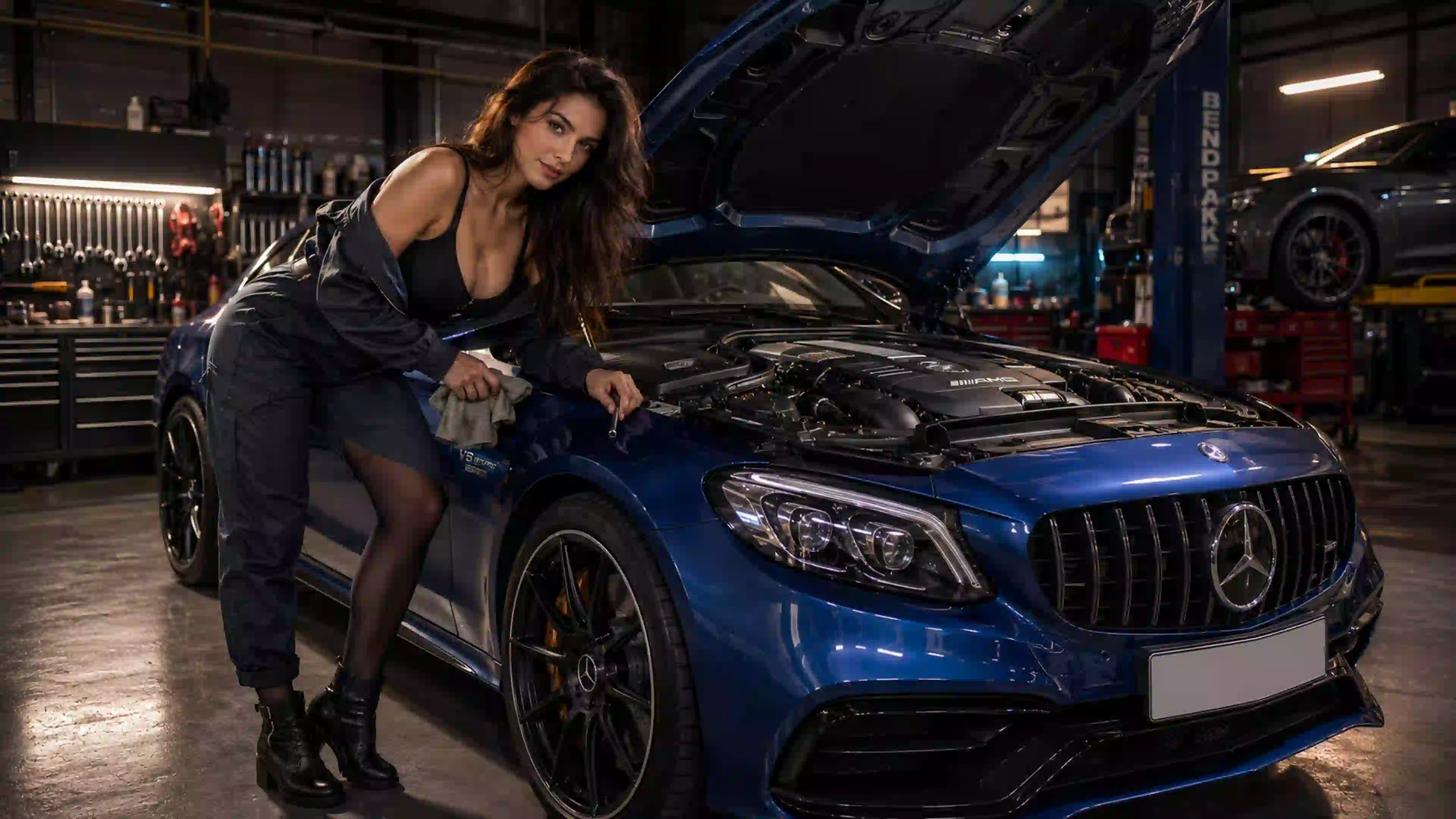 ДЕВ 00575 девушка уверенная механик у синего mercedes amg