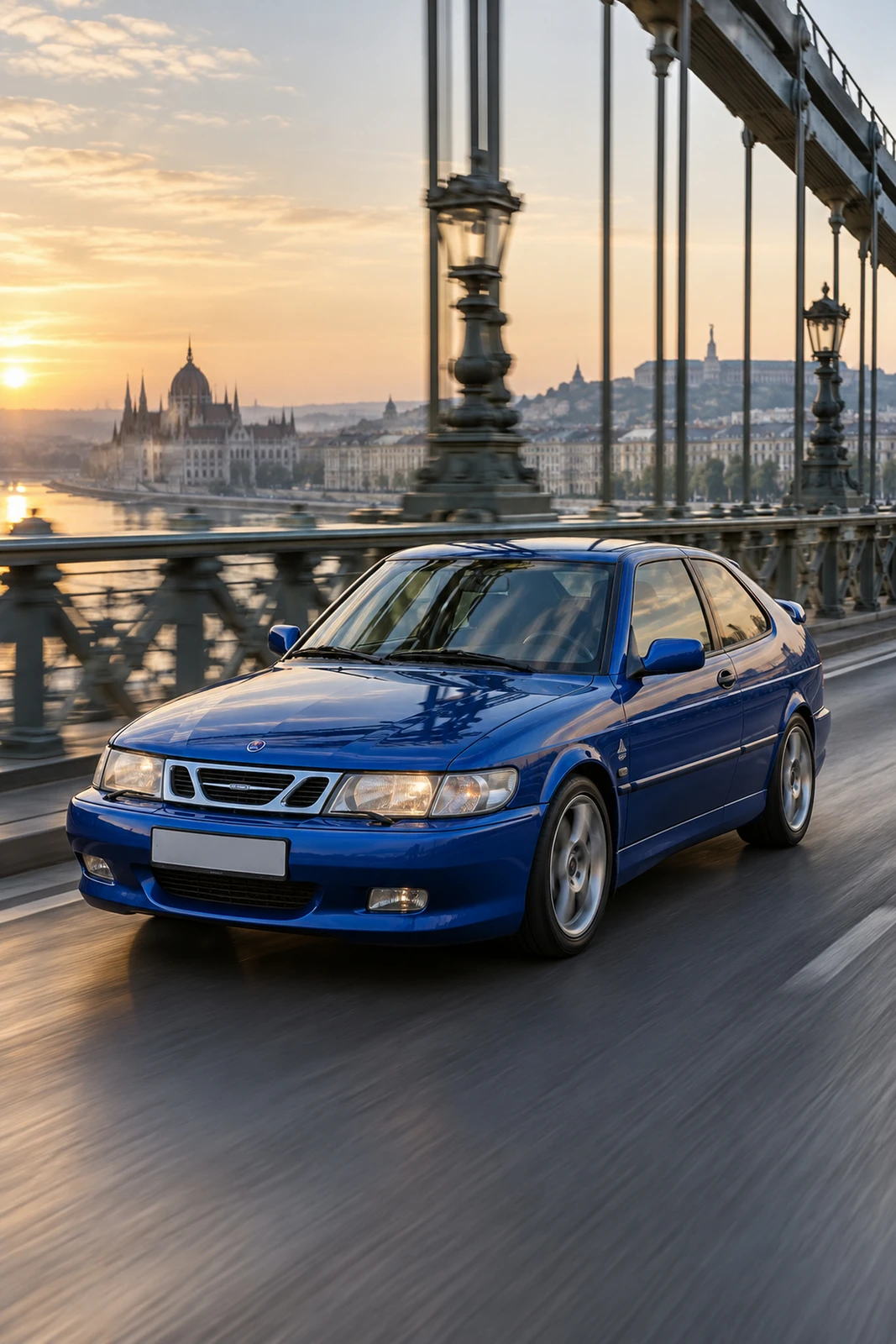 АВТО 1008679 Сааб 93 Viggen голубой Будапештский мост на рассвете