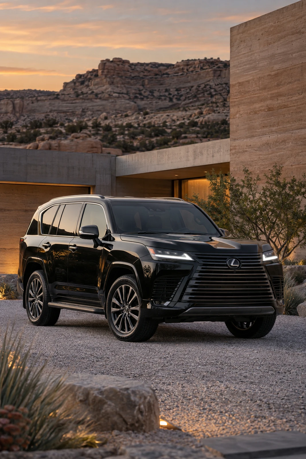 АВТО 1007671 чёрный Lexus LX600 у пустынного дома