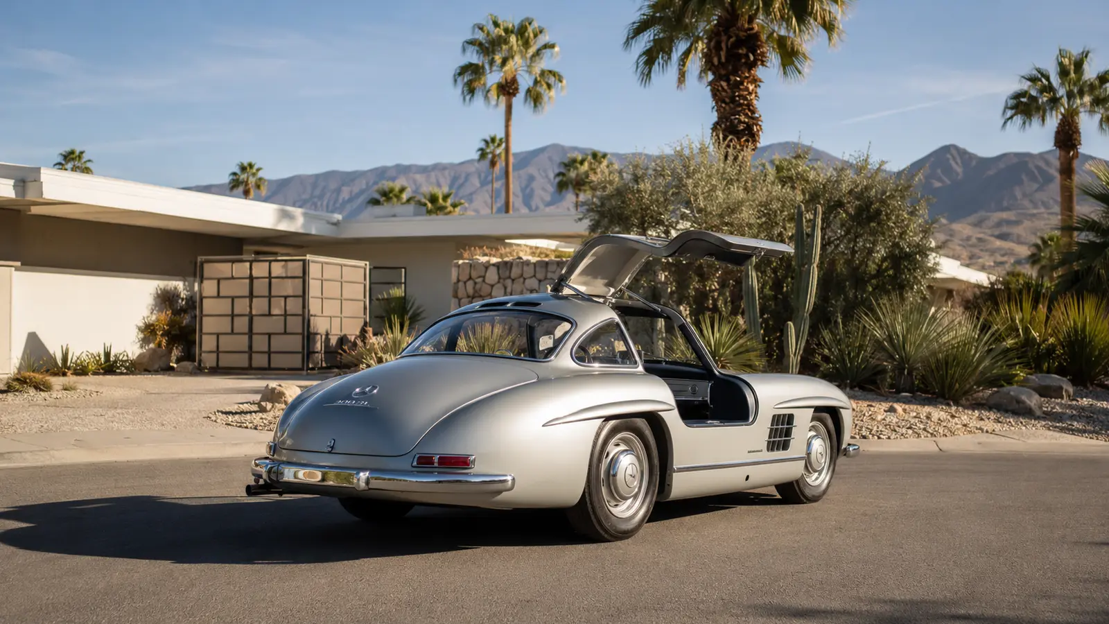 АВТО 1000029 серебристый Mercedes 300 SL у виллы в Палм-Спрингс