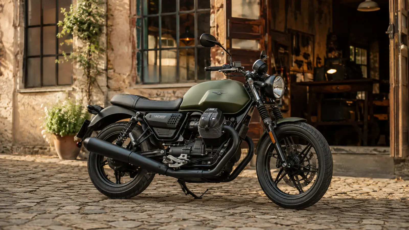 АВТО 1000221 оливковый Moto Guzzi V7 Stone у старой мастерской