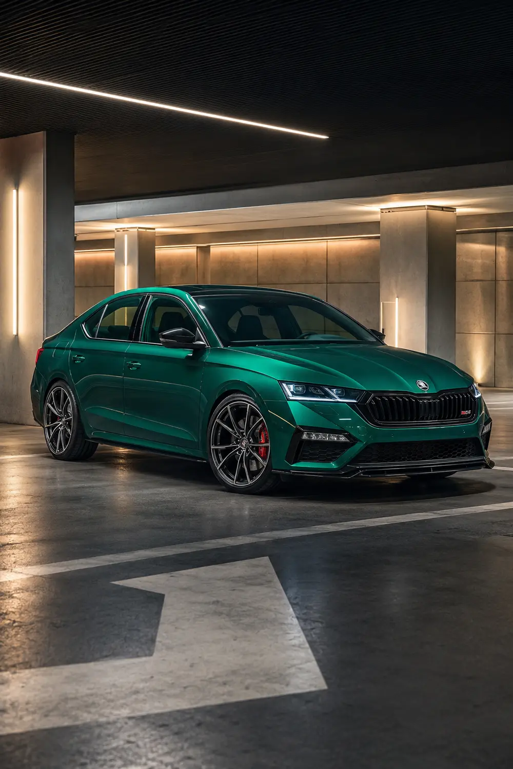 АВТО 1003945 зелёная Skoda Octavia RS в архитектурном паркинге