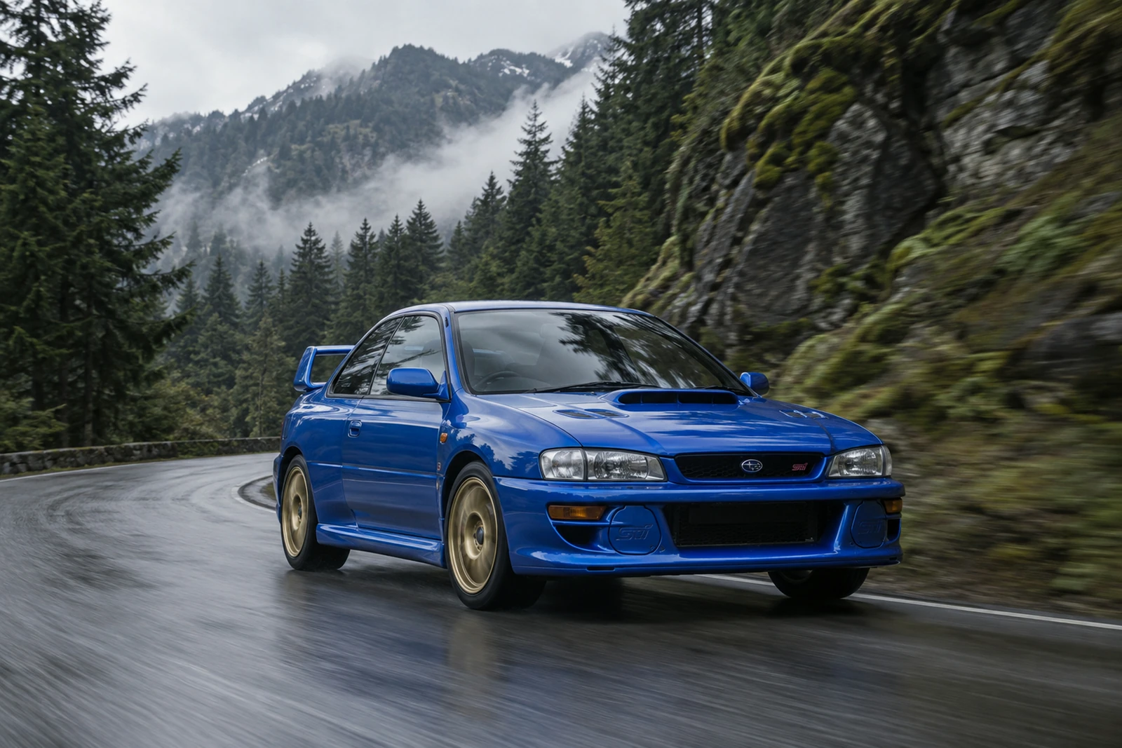 АВТО 1007604 синий Subaru Impreza 22B на горной дороге