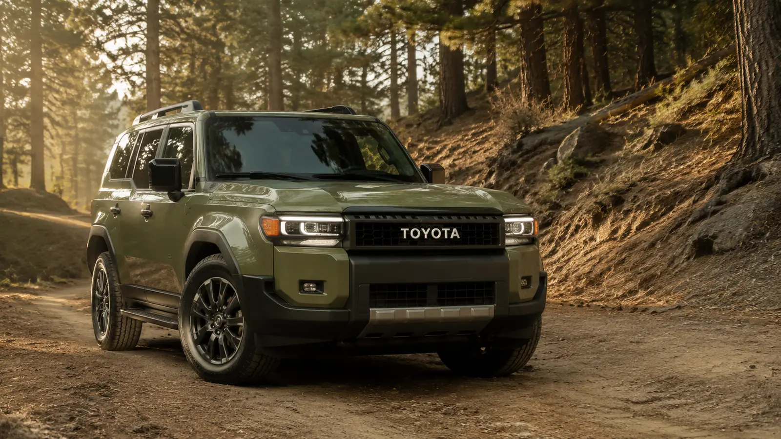 АВТО 1000999 зелёный Toyota Land Cruiser 250 в сосновом лесу