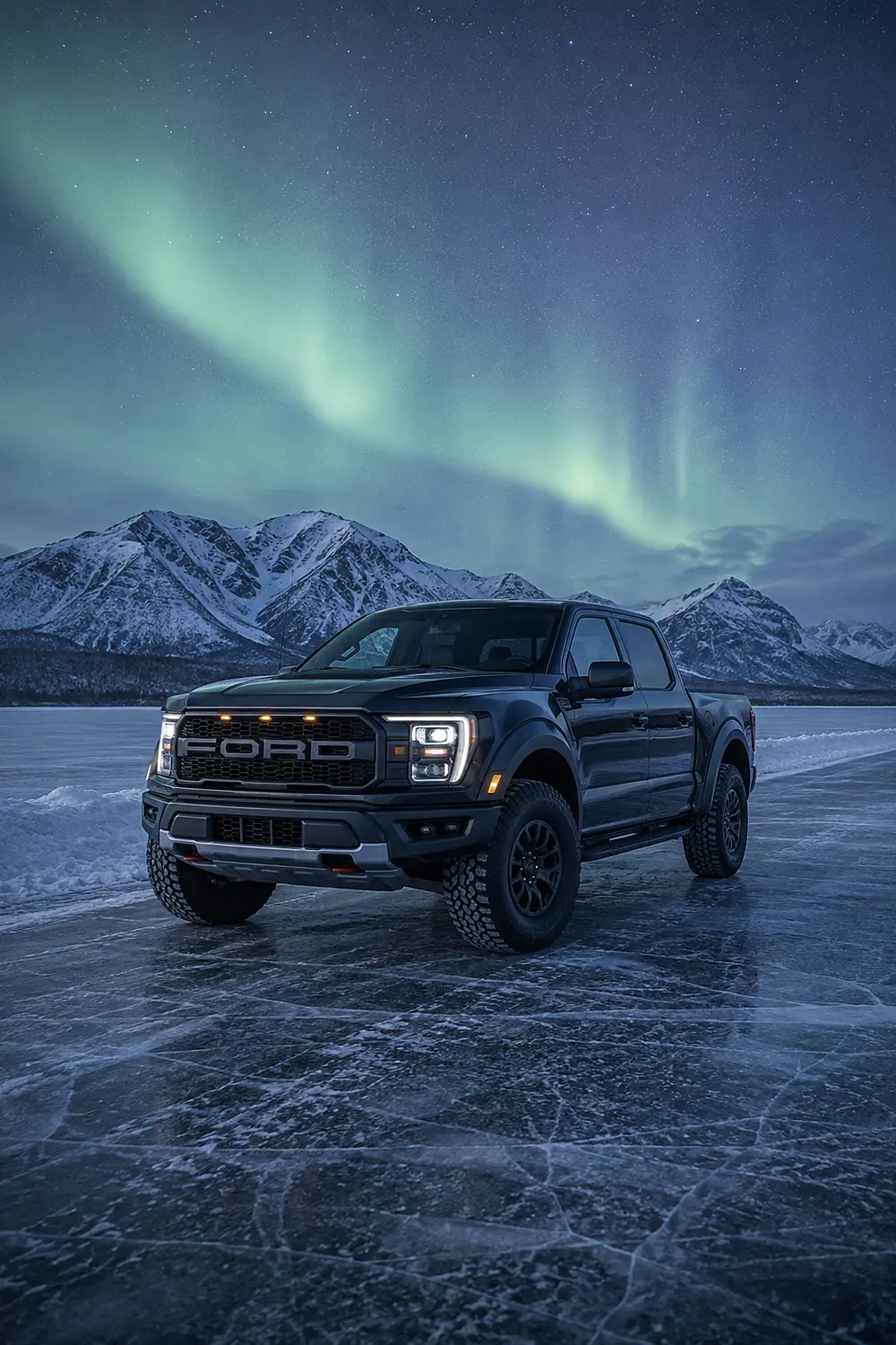 АВТО 1003597 чёрный Ford F-150 Raptor R на льду под северным сиянием