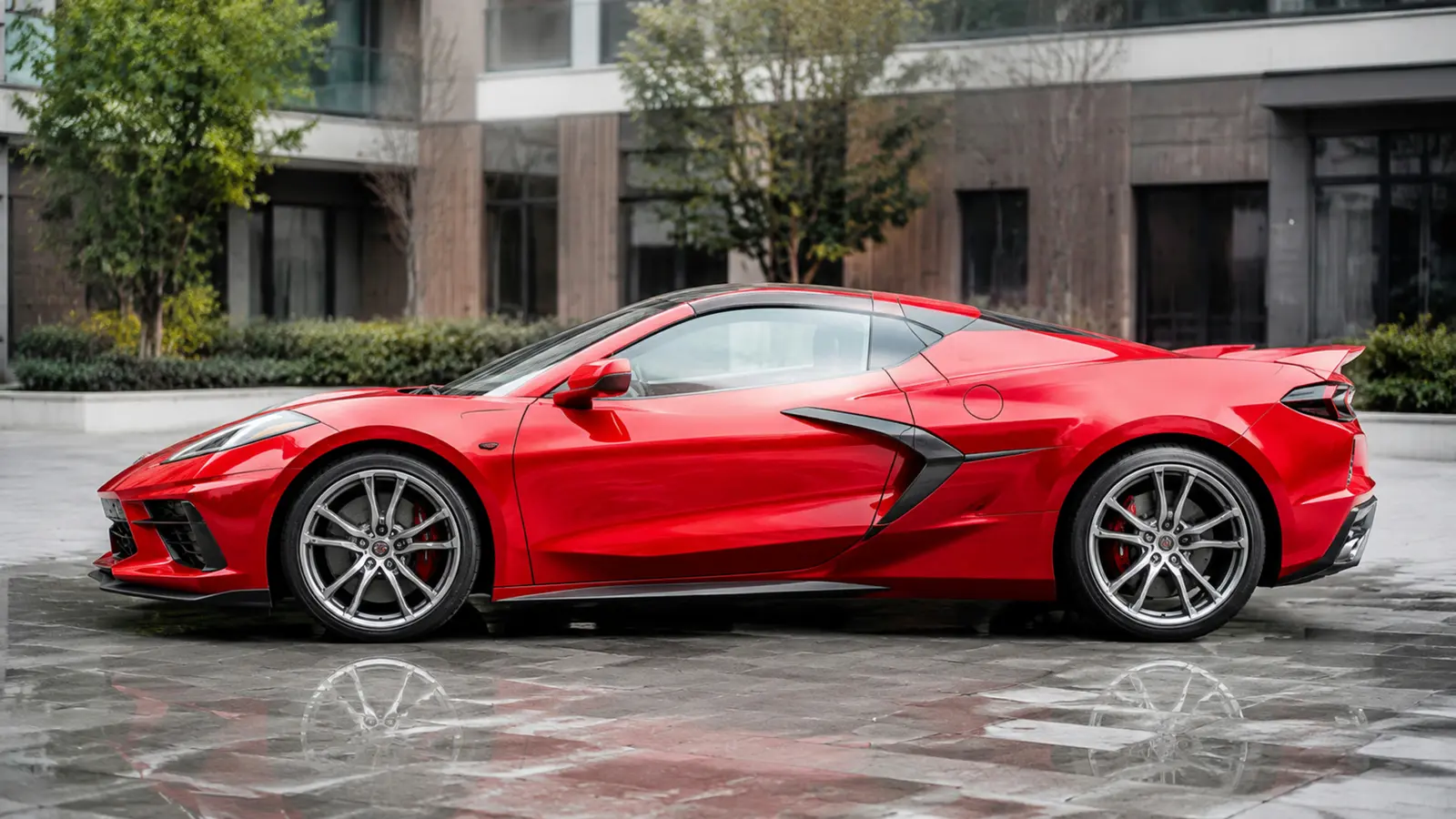 АВТО 1003019 красный Chevrolet Corvette E-Ray крупно цельный боковой профиль в современном дворе Казани