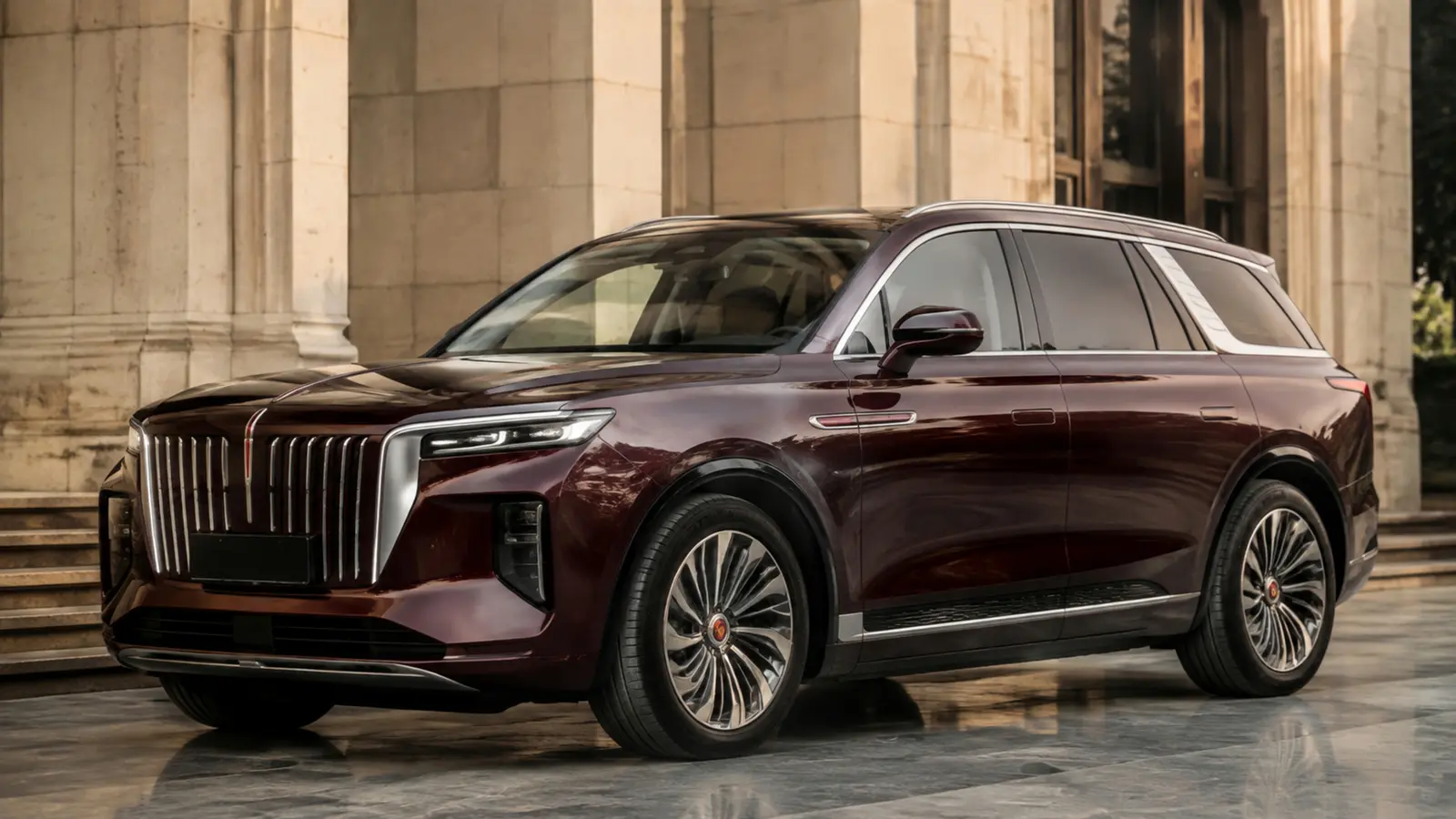 АВТО 1002910 бордовый Hongqi E HS9 крупно у монументальной архитектуры