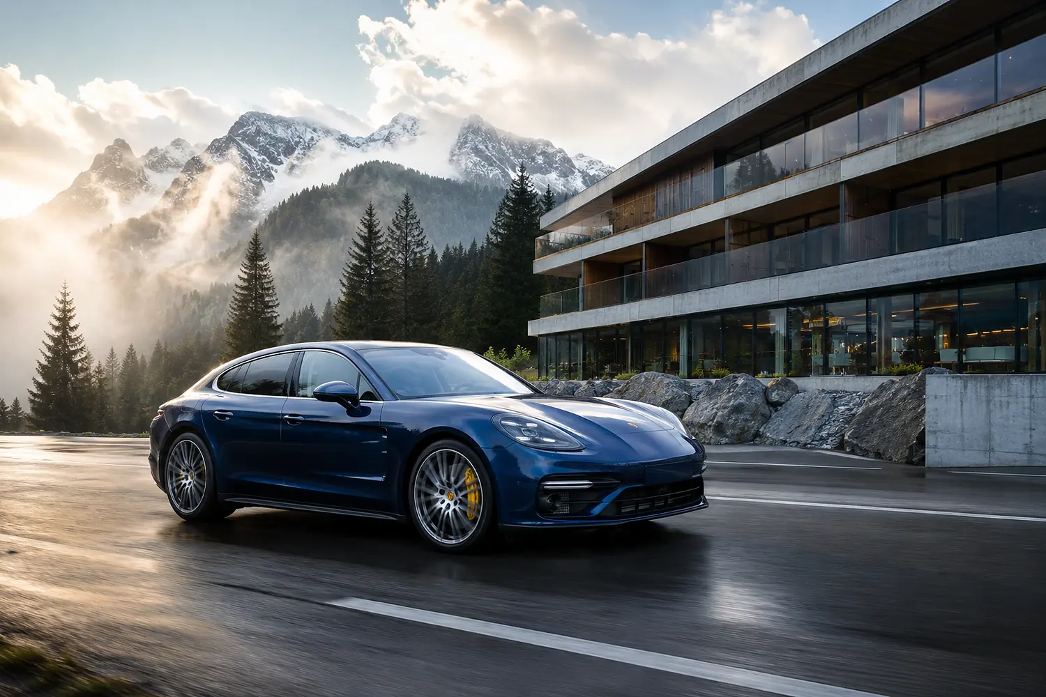 АВТО 1003475 синий Porsche Panamera Turbo S в Альпах