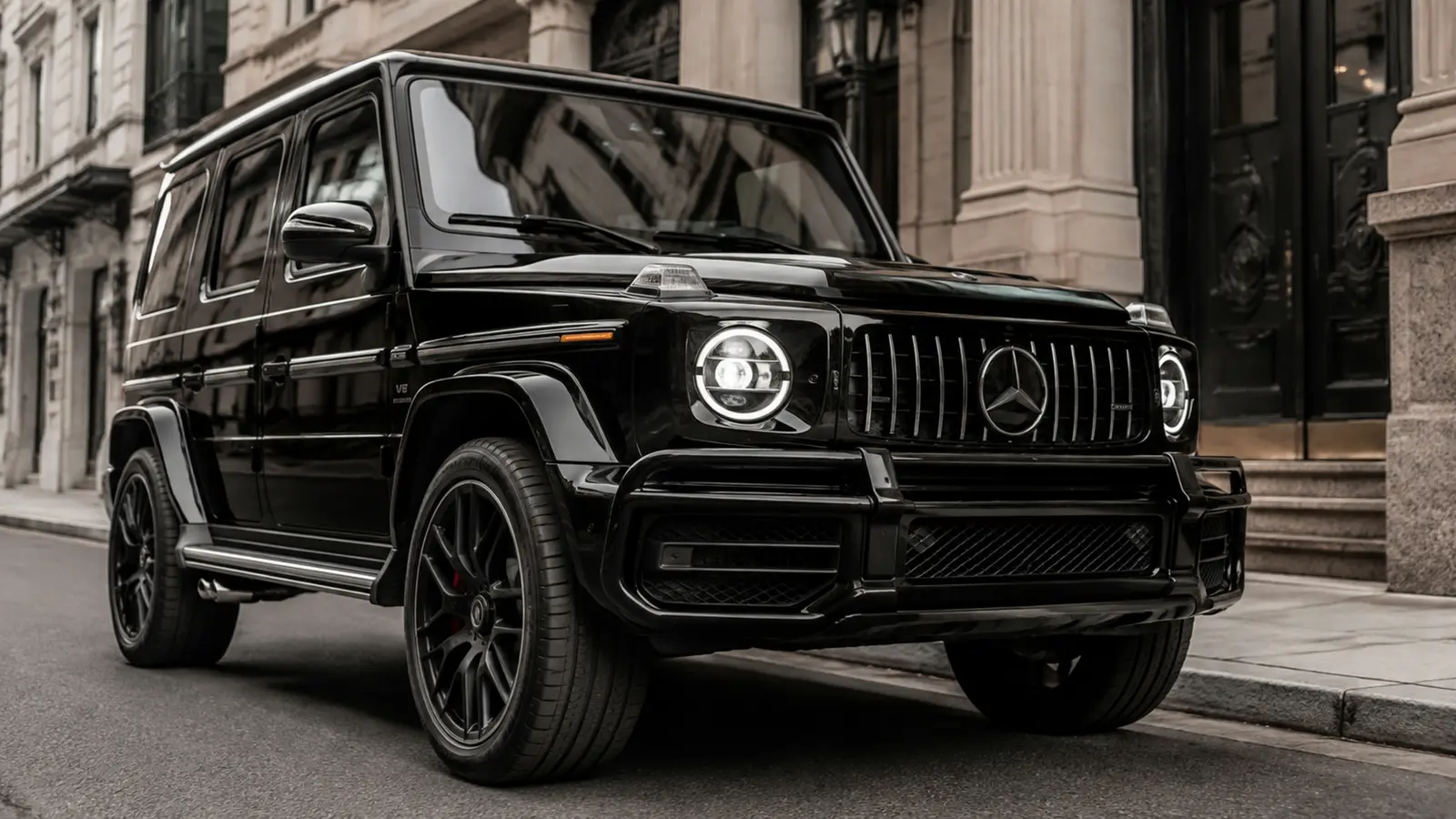 АВТО 1002795 чёрный Mercedes AMG G 63 крупно на премиальной городской улице