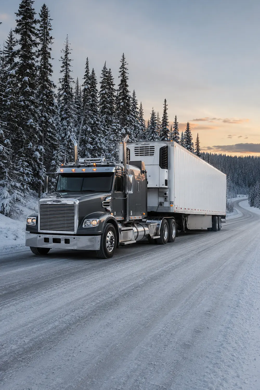 АВТО 1003651 серый Freightliner Coronado с рефрижератором на снежном хайвее