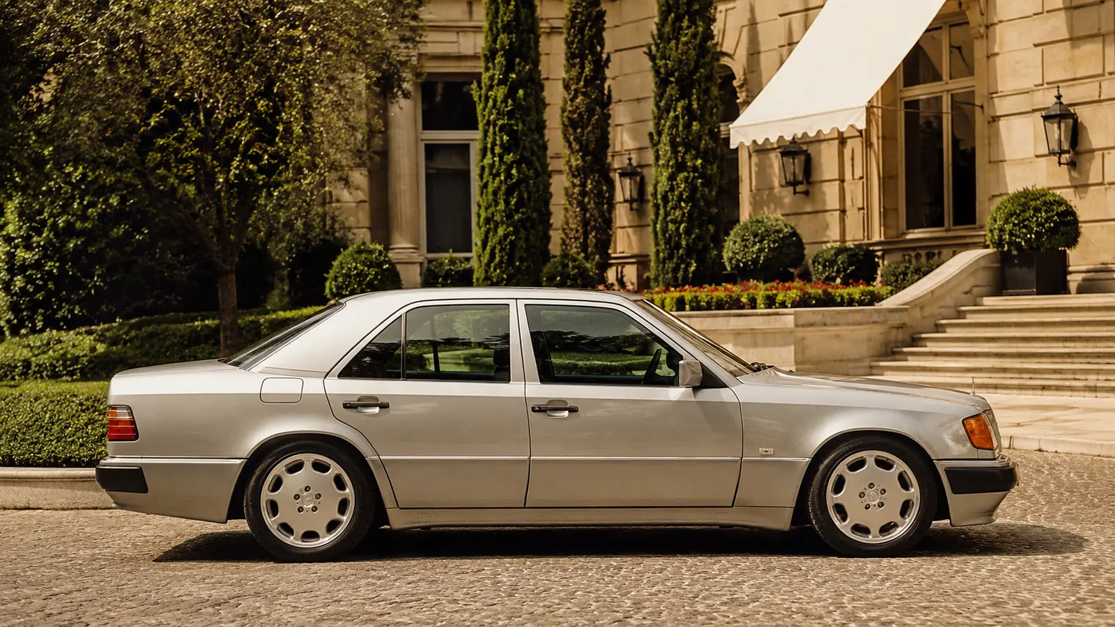 АВТО 1000803 серебристый Mercedes 500 E у европейского отеля в стиле 90-х