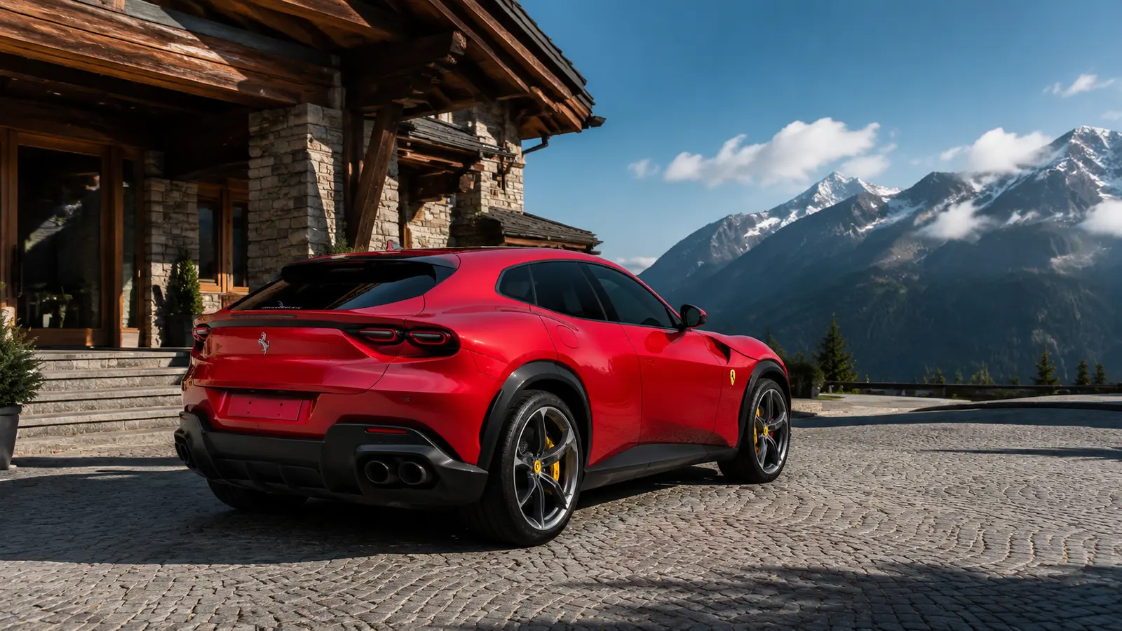 АВТО 1001330 Красный Ferrari Purosangue у горного отеля