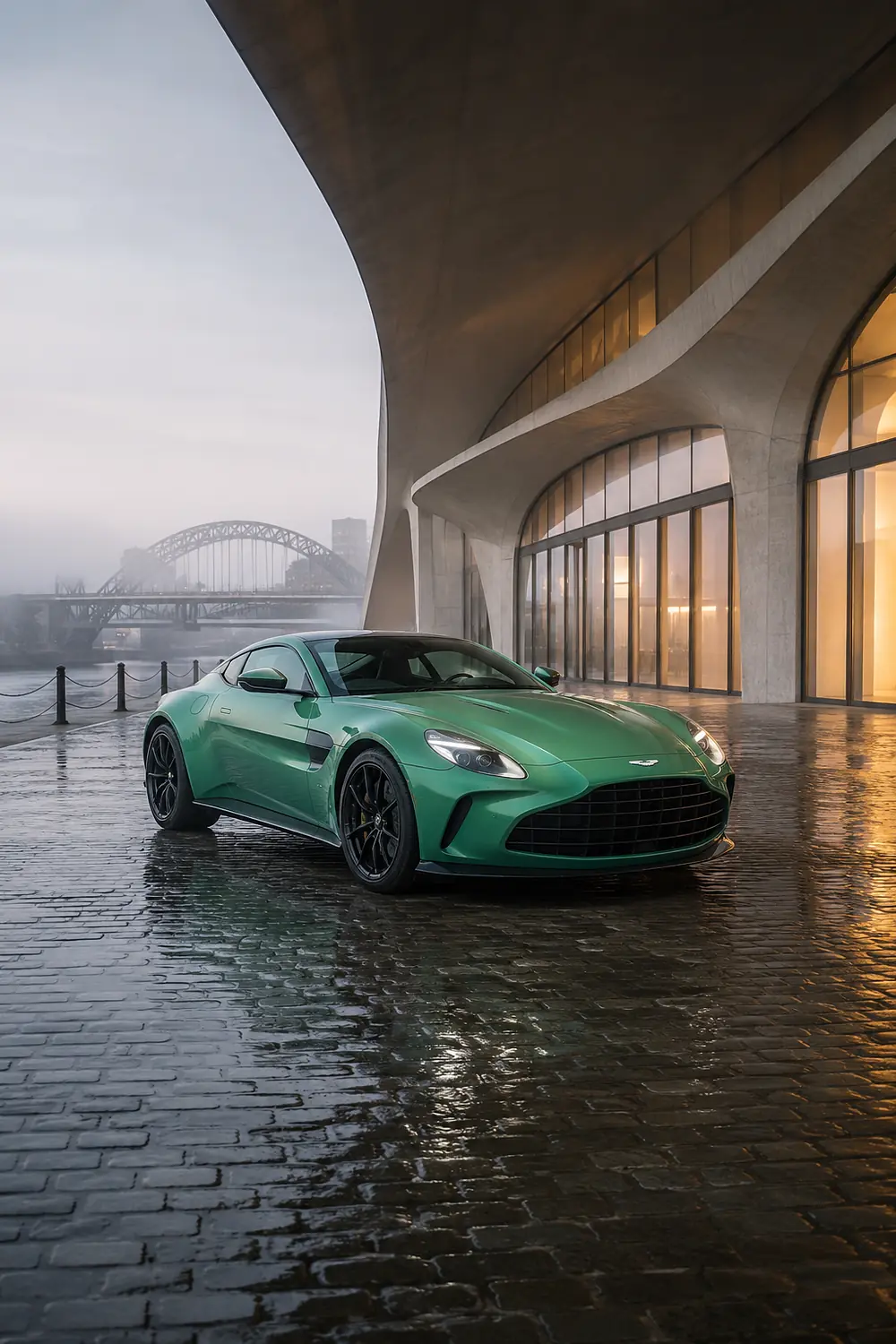 АВТО 1003592 зелёный Aston Martin Vantage у туманной набережной