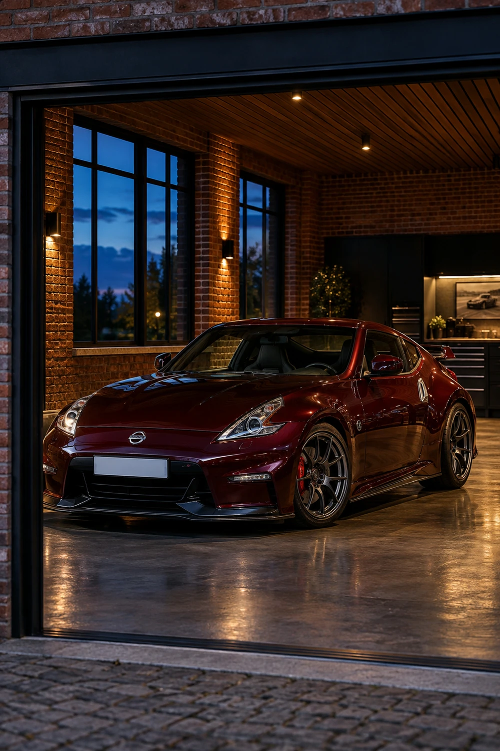 АВТО 1007121 Nissan 370Z Nismo бордовый гараж из кирпича