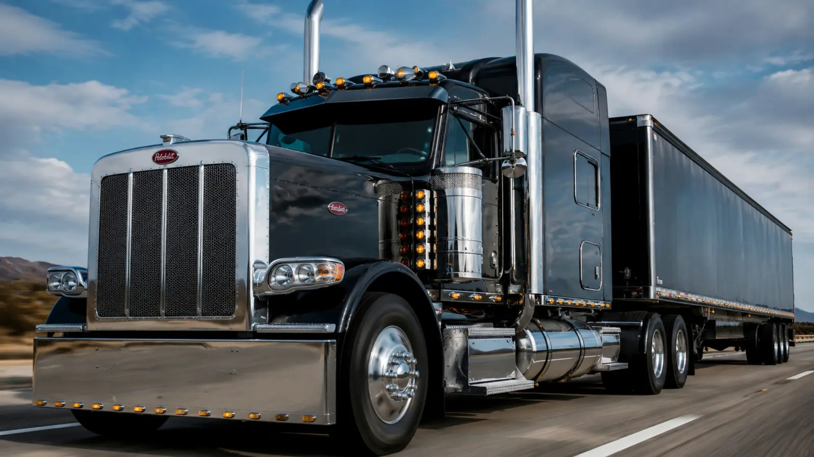 АВТО 1003072 чёрный Peterbilt 389 крупно на широкой американской трассе