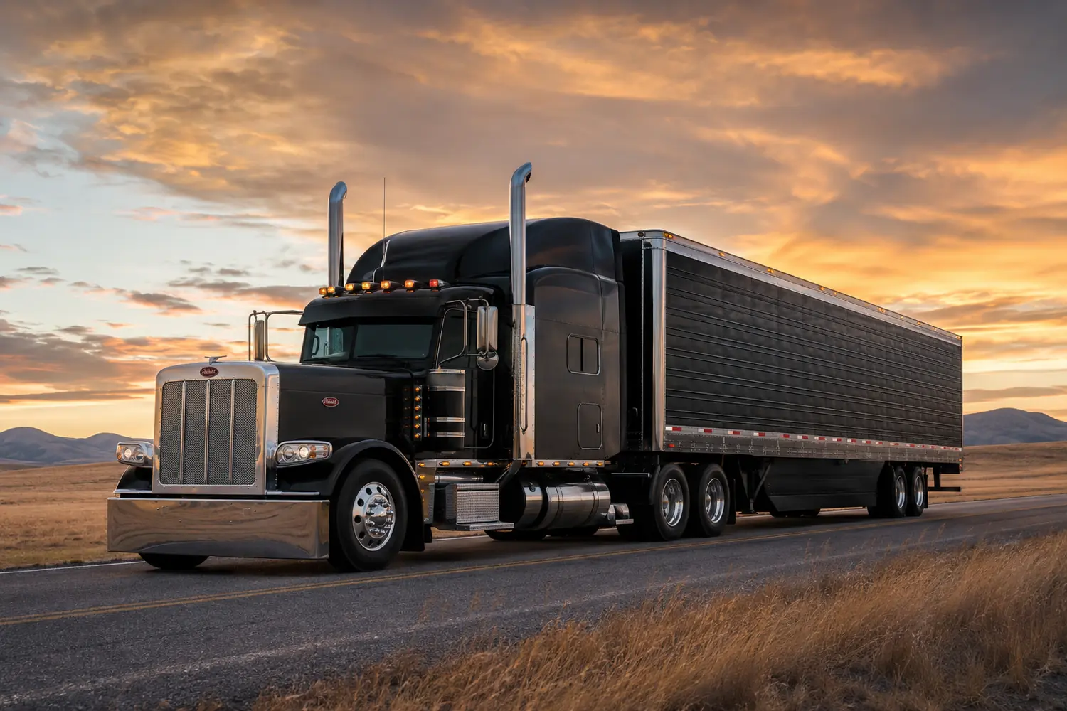 АВТО 1003730 чёрный Peterbilt 389 с полуприцепом в прерии