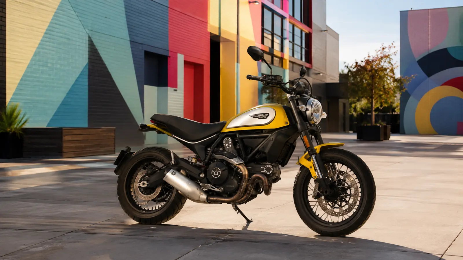 АВТО 1001510 Жёлтый Ducati Scrambler в дизайнерском квартале