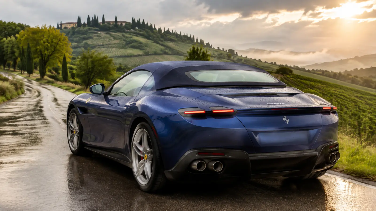 АВТО 1003913 тёмно синяя Ferrari Roma Spider на дороге Тосканы