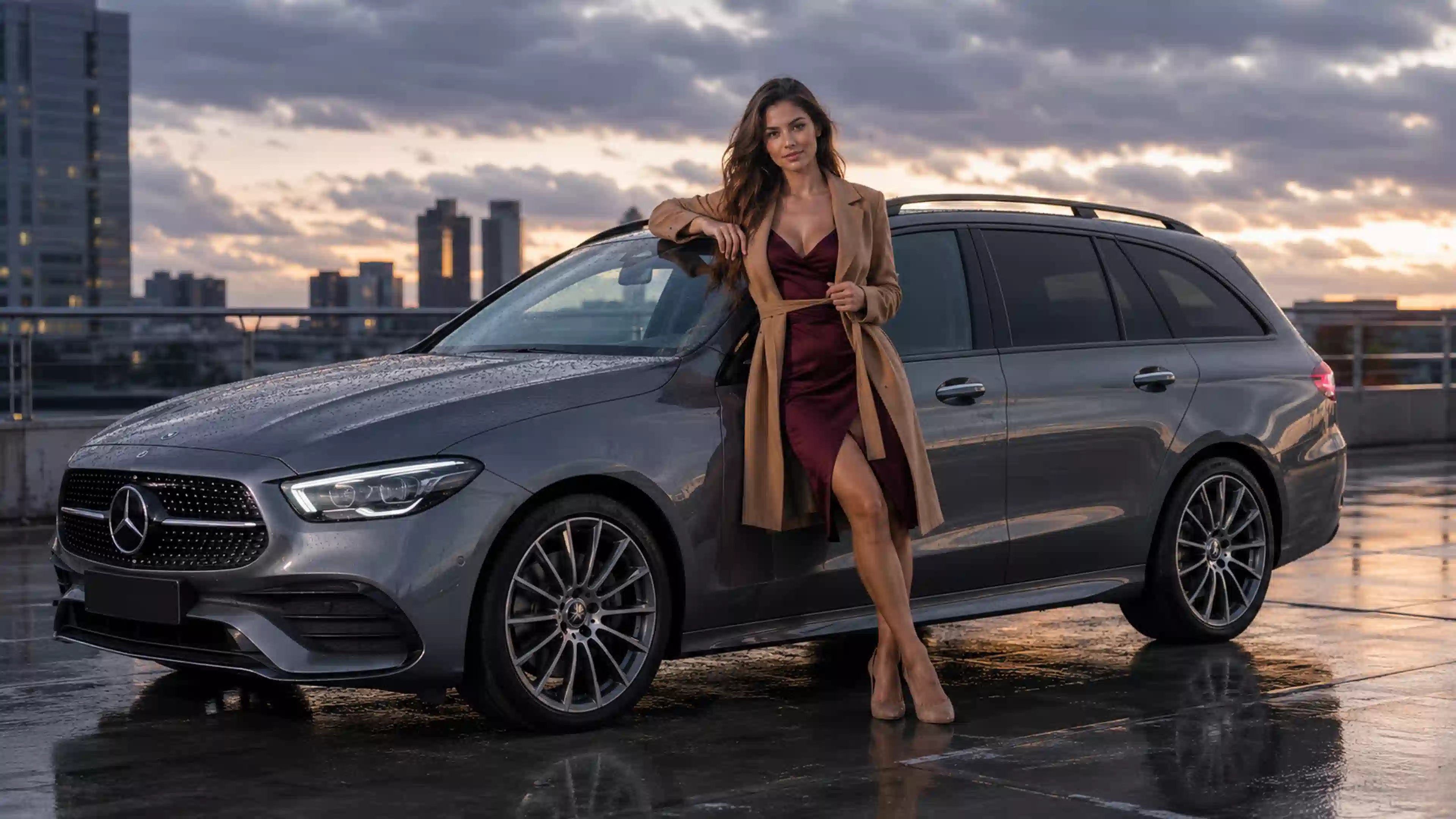 ДЕВ 00443 девушка гламурная фотосессия с mercedes на закате
