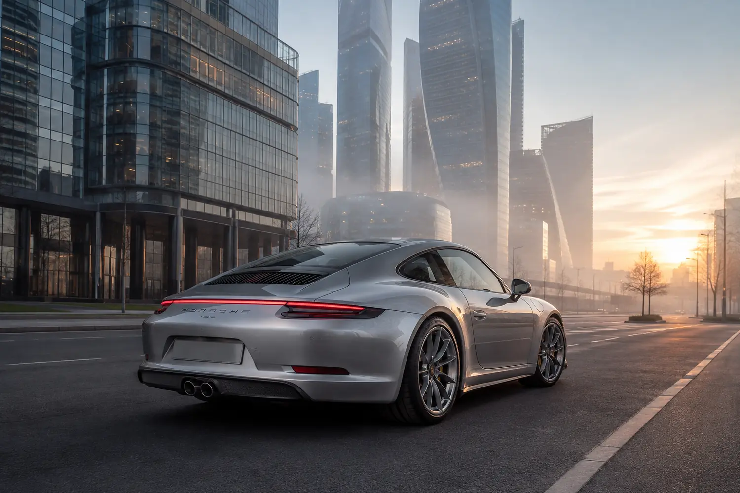 АВТО 1003713 серебристый Porsche 911 GT3 Touring на рассвете в Москве
