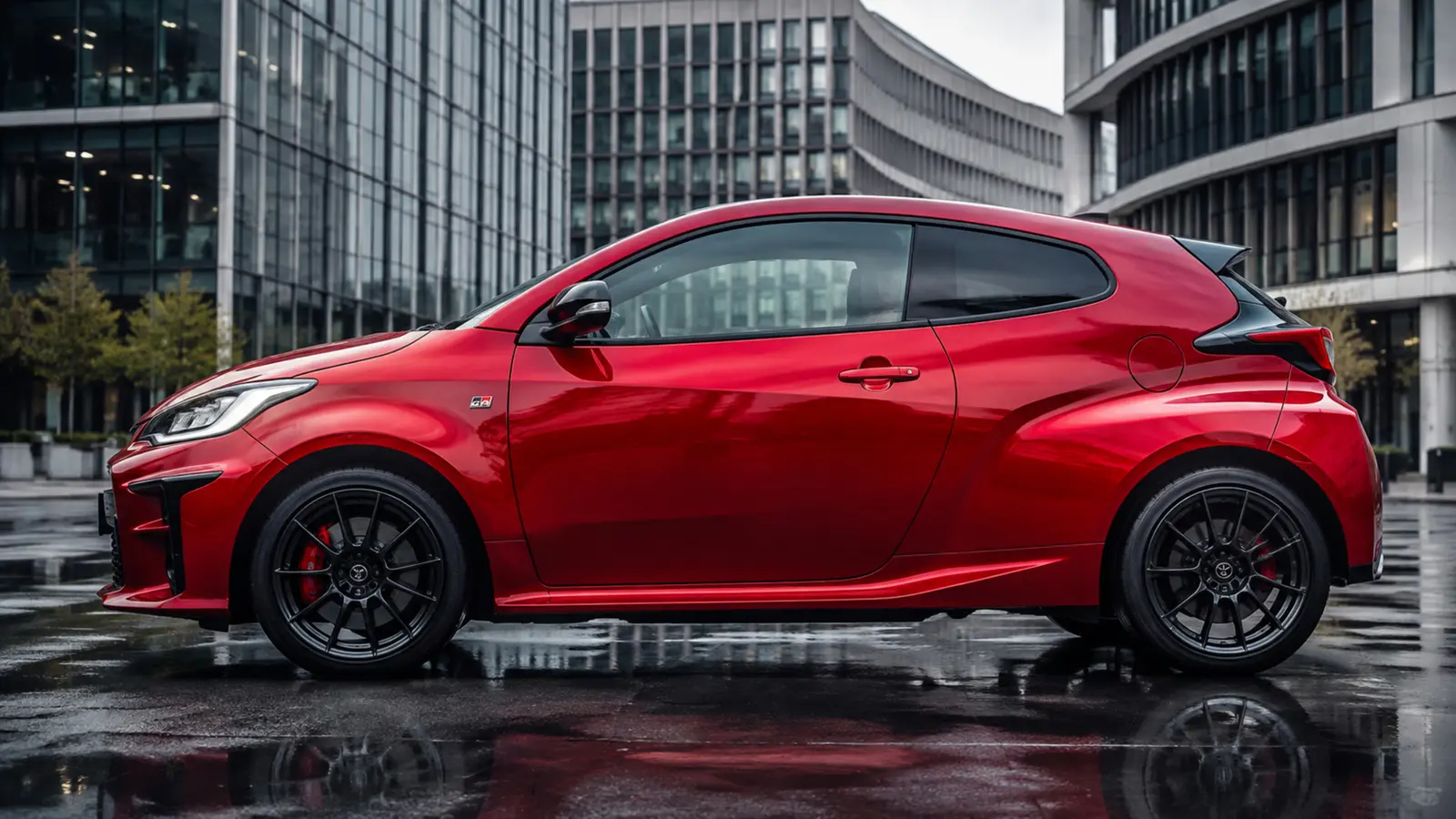 АВТО 1003004 красный Toyota GR Yaris крупный боковой профиль в деловом квартале после дождя