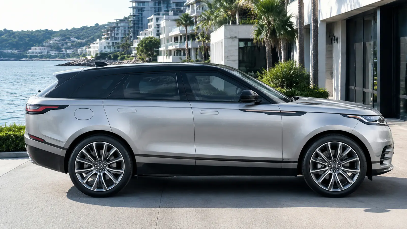 АВТО 1003024 серебристый Range Rover Velar крупный боковой профиль в солнечном приморском квартале