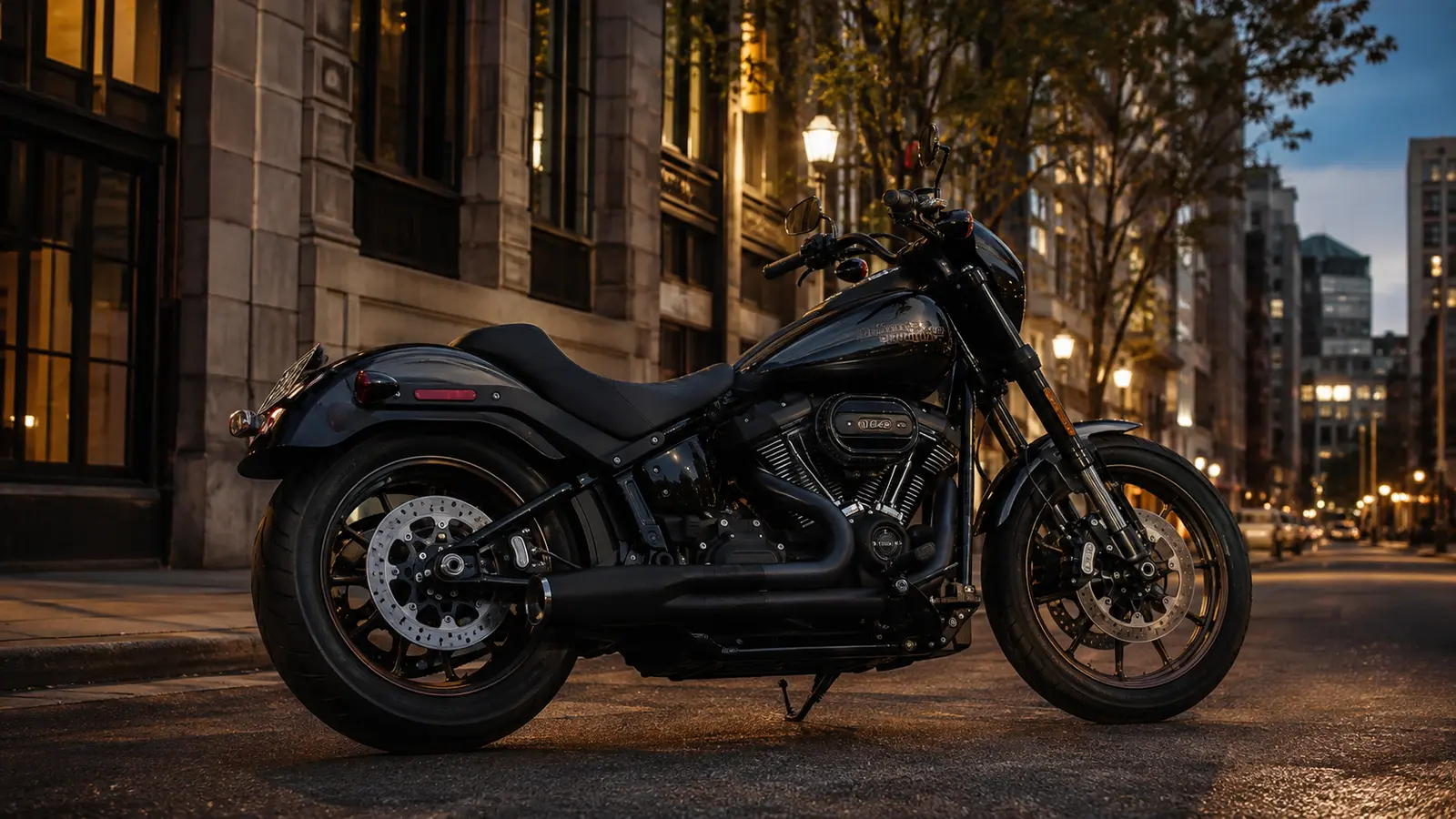 АВТО 1002190 чёрный Harley-Davidson Low Rider S крупно в вечернем городе