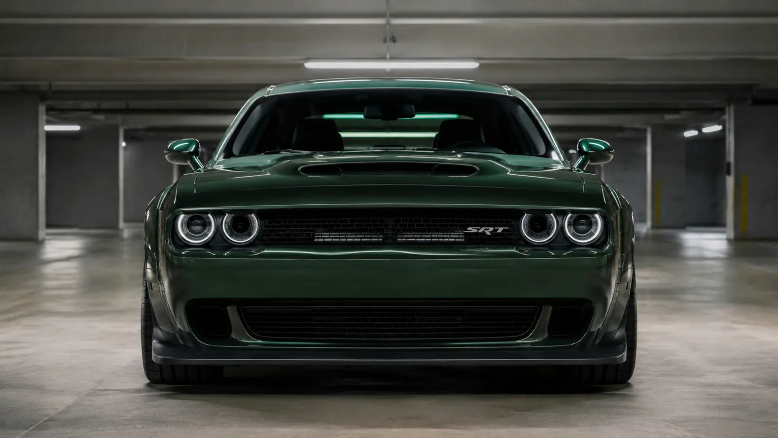 АВТО 1003327 тёмно-зелёный Dodge Challenger SRT Demon 170 строгий фронтальный постерный кадр