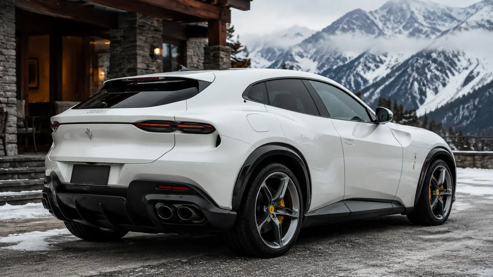 АВТО 1002411 белый Ferrari Purosangue у снежного отеля