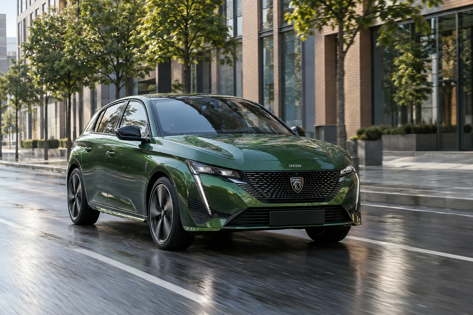 АВТО 1007554 зелёный Peugeot 308 GT на городской улице