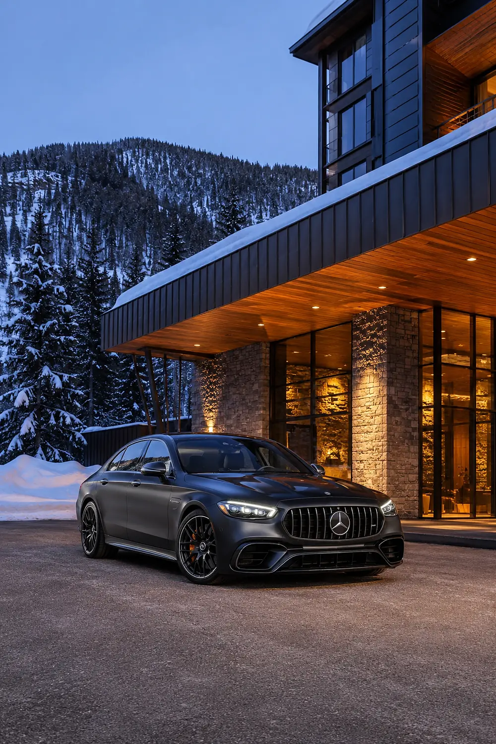 АВТО 1003595 графитовый Mercedes-AMG S 63 E Performance у горного отеля