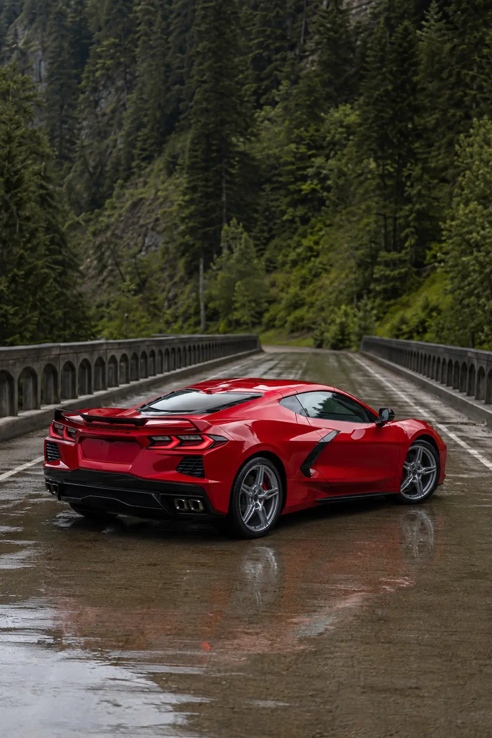 АВТО 1003799 красный Chevrolet Corvette Stingray на лесном мосту