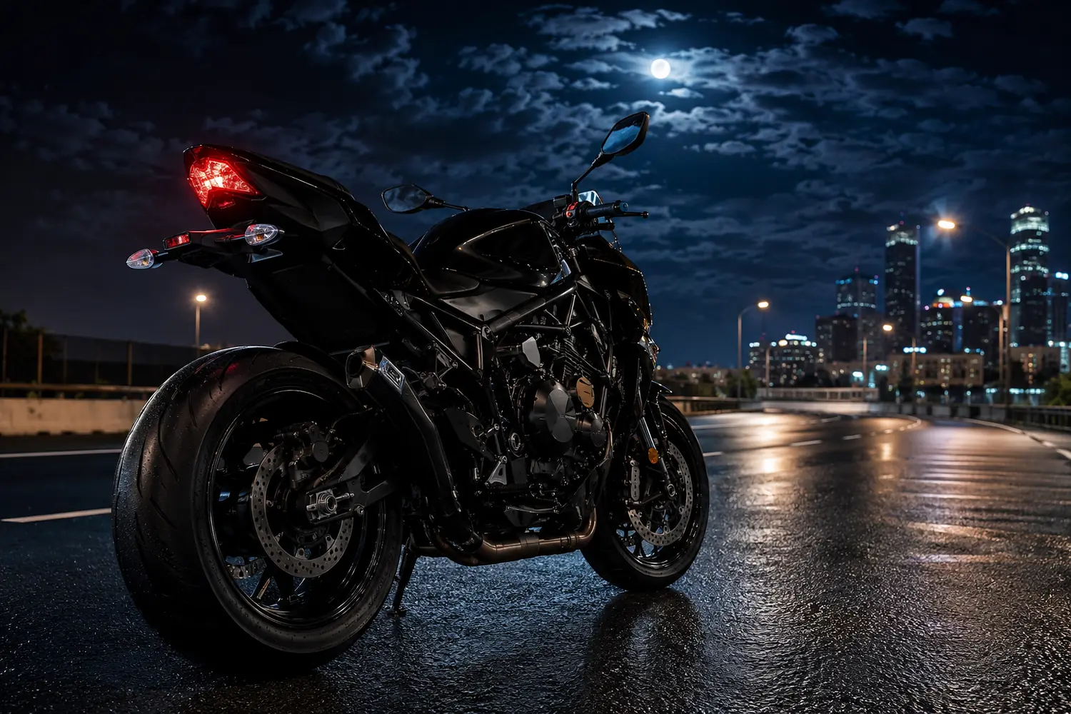 АВТО 1003783 чёрный Kawasaki Z H2 на лунной ночной трассе